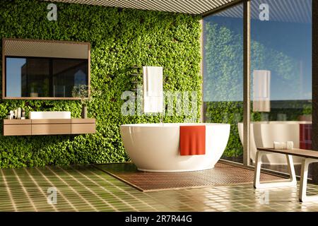 Modern bathroom with vertical garden - 3D rendering Stock Photo