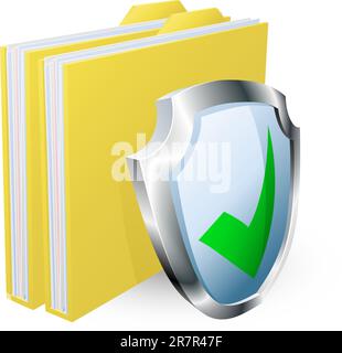 Protected folder document concept. File with green tick shield icon. Stock Vector