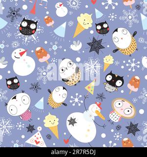 seamless pattern with winter owls and snowmen on a violet background with snowflakes Stock Vector