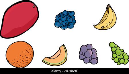 Isolated illustrations of mango, blueberries, bananas, orange, cantaloupe slice and grape on white Stock Vector