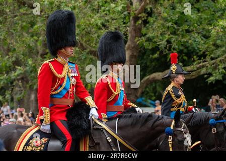 The Mall, Westminster, London, UK. 17th Jun, 2023. The Royal Family and massed bands and troops have travelled down The Mall to Horse Guards Parade for the Trooping of the Colour ceremony. It is the first under the reign of King Charles III who rode a horse. William, Prince of Wales, Prince Edward, and Anne, Princess Royal, followed on horseback Stock Photo