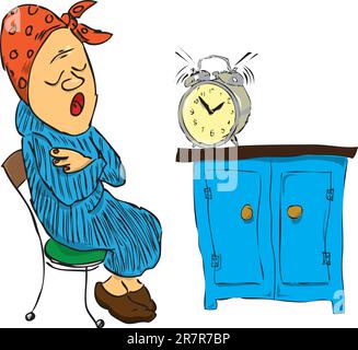 A woman sits in her chair and yawns, next alarm goes off. Vector illustration of a format EPS. Stock Vector