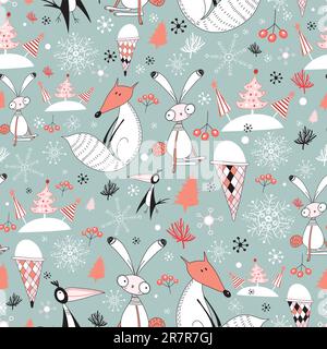 seamless pattern of merry foxes and hares in the background with snowflakes and trees Stock Vector