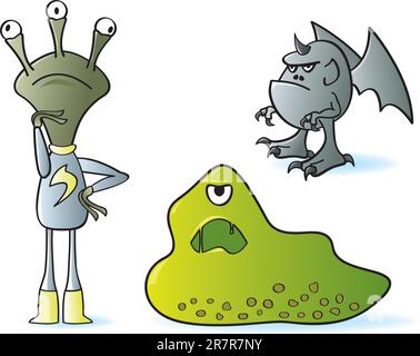 Three classic cartoon monsters. One alien, one blob, and a gray gargoyle creature. Stock Vector