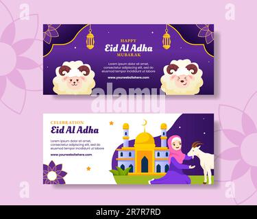 Happy Eid Al Adha Mubarak Horizontal Banner Illustration Cartoon Hand Drawn Templates Background Stock Vector