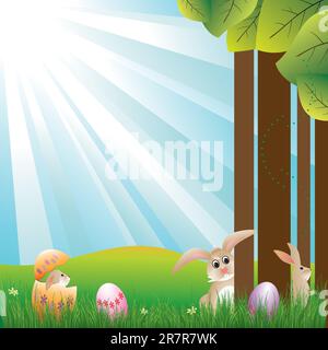 Springtime Easter holiday illustration rabbits and colorful easter egg Stock Vector