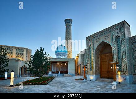 Samarkand Eternal city Boqiy Shahar Registan public square with mosque and minaret modern complex of ancient city in Uzbekistan Stock Photo