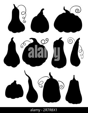 Vector set of different black silhouettes of pumpkins isolated from the background. Autumn harvest. Vegetable shadows for logos, icons and infographic Stock Vector