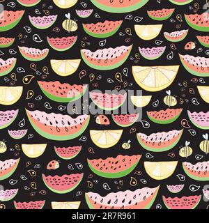 seamless pattern of bright pieces of watermelon and lemon on black background decorative Stock Vector