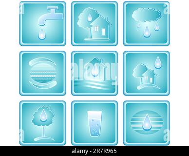 Blue set of water icons with drop, house, tree and planet Stock Vector