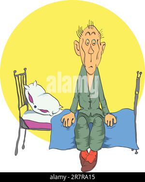 A man sits on the insomniac in your pajamas on the bed. Figure. Stock Vector