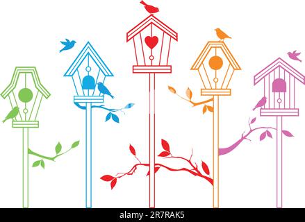 cute bird houses with branches, vector background Stock Vector