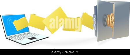 Laptop computer uploading or downloading files to secure internet server or backing up securely. Stock Vector