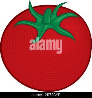 Red ripe tomato icon with woodcut shading isolated on white background. Stock Vector