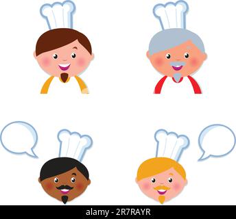Chef heads set isolated on white. Vector cartoon Illustration. Stock Vector
