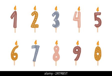 Birthday numbers candles with burning flames. Cute boho elements for celebration. Vector illustration in flat cartoon style Stock Vector