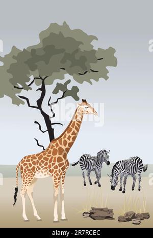 Giraffe illustration with zebras in wild landscape of Africa Stock Vector
