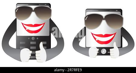 two cute smiling mobile phone with hand and sunglasses Stock Vector