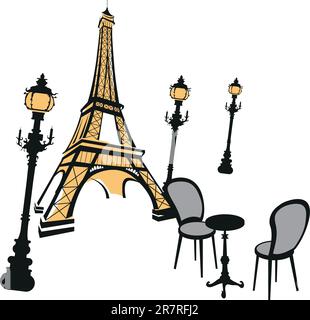 Eiffel tower, street lights and cafe Stock Vector