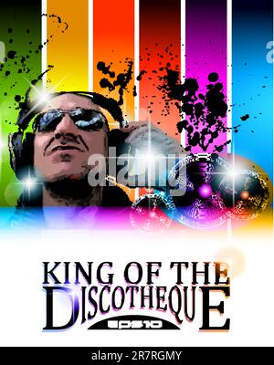 King of the discotheque flyer tor alternative music event poster. basckground is full of glitter and flow of lights with rainbow tone Stock Vector