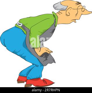 Old man in an apron stares through his glasses. Cartoon Stock Vector