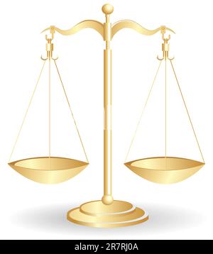 Metal balance scale gold isolated on white. Vector illustration. Stock Vector