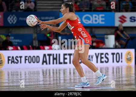 17th June 2023;  Ken Rosewall Arena, Sydney, NSW, Australia: Suncorp Super Netball , New South Wales Swifts versus Adelaide Thunderbirds;  Maddy Proud of the NSW Swifts passes the ball Stock Photo