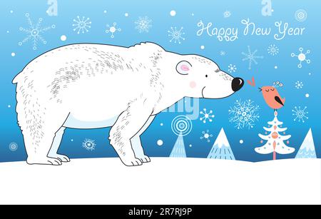 Christmas card with a white bear and bird graphic on a blue background with snowflakes Stock Vector