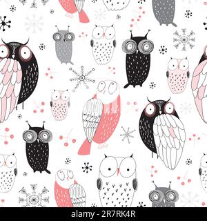 seamless black and pink pattern of the fun owls on a white background with snowflakes Stock Vector