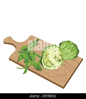 Illustration of Greens on cutting board on white background Stock Vector