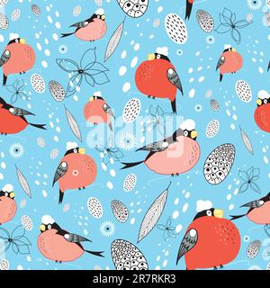 seamless pattern of bright bullfinches on a blue background with snow Stock Vector
