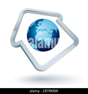 Icon of a house-shaped frame with blue earth Stock Vector