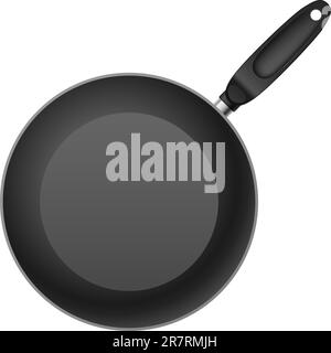 Black Teflon coated shallow frying pan. Illustration on white background Stock Vector