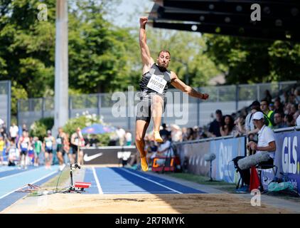 Ratingen, Germany. 17th June, 2023. Athletics, all-around meet: Arthur Prevost, France, decathlon, long jump. Credit: Thomas Banneyer/dpa/Alamy Live News Stock Photo