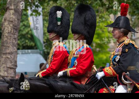 The Mall, Westminster, London, UK. 17th Jun, 2023. The Royal Family and massed bands and troops have travelled back down The Mall from Horse Guards Parade towards Buckingham Palace after the Trooping of the Colour ceremony. It is the first under the reign of King Charles III who rode a horse. William, Prince of Wales, Prince Edward, and Anne, Princess Royal, followed on horseback Stock Photo