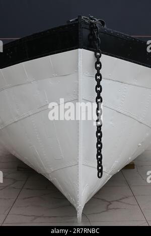 LONG BEACH, CALIFORNIA - 14 JUN 2023: Closeup of the prow of a lifeboat at the Queen Mary Hotel. Stock Photo