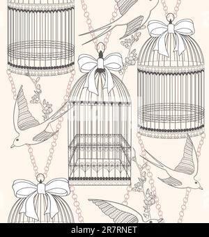 Seamless pattern with birdcages, flowers and birds. Floral and swallow background. Stock Vector