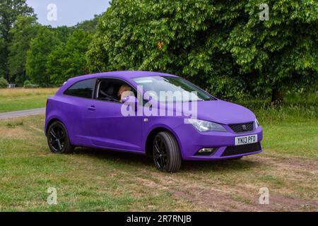 2013 Matte wrap, mauve Seat Ibiza Se Tsi S-A 105 DSG Auto, Petrol 1197 cc.  A range of rare, exciting and unusual vehicle enthusiasts & attendees at Worden Park Motor Village showcase, Leyland Festival, UK Stock Photo