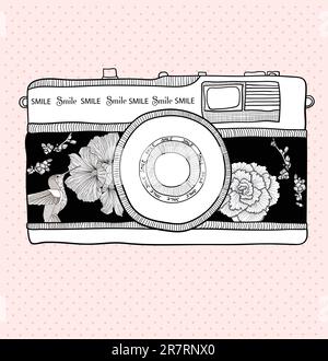 Background with retro camera. Vector illustration. Photo camera with flowers and birds. Camera with floral pattern. Stock Vector