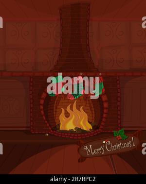 Vector Christmas series. Beautiful fireplace with fire brning and three stockings waiting for Santa Claus. Available space for your text Stock Vector