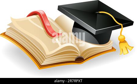 Vector illustration of graduation cap and open book. Isolated on white background. Stock Vector
