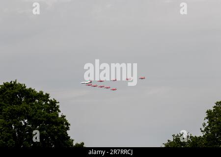 Brentwood, UK. , . Flypast seen over Essex for His majesty King Charles lll Birthday Aircraft from across the Royal Navy, British Army and Royal Air Force will take part in a Spectacular flypast over The Mall and over Buckingham Palace watched by Their Majesties the King and Queen alongside other members of the royal family Credit: Richard Lincoln/Alamy Live News Stock Photo