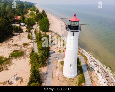 Aerial photograph of Crisp Point Lighthouse on the shore of Lake Superior in a remote part of the Upper Peninsula, Michigan, USA. Stock Photo