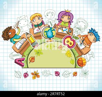 Colorful round composition, with cute schoolchildren and school design elements. with space for your text Stock Vector