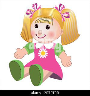 Blonde girl doll toy in colorful dress on white background Stock Vector