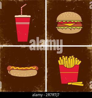 Illustrations cola, a hamburger, french fries and hot dogs Stock Vector