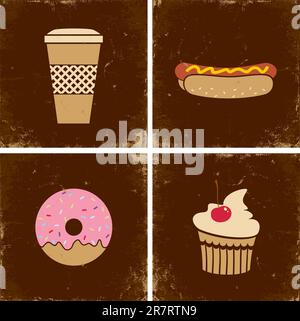 Illustrations of the cup with coffee, hot dogs, donuts and cakes Stock Vector