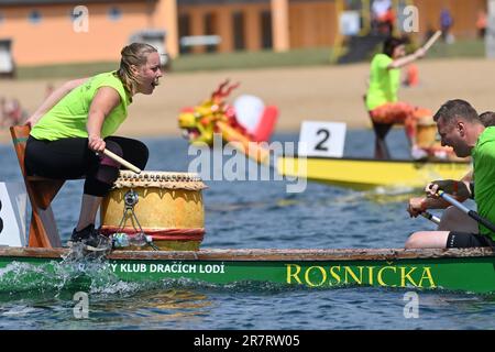 Sokolov, Czech Republic. 17th June, 2023. The second annual dragon boat race at the Michal swimming pool in Sokolov, Czech Republic, June 17, 2023. 11 teams from companies in the Karlovy Vary Region gathered at the start. Credit: Slavomir Kubes/CTK Photo/Alamy Live News Stock Photo