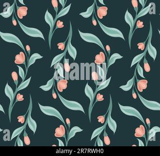 Rustic floral vector pattern. Seamless flat texture with hand-drawn stems and flowers on a dark background for fabrics, curtains and tablecloths. Stock Vector