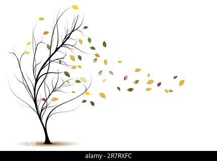 decorative vector tree silhouette in autumn with brown leaves and wind Stock Vector